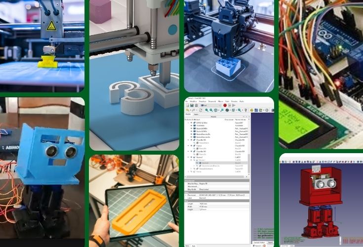 insieme di foto disposte in una griglia verticale che illustrano le attività del laboratorio di stampatronica